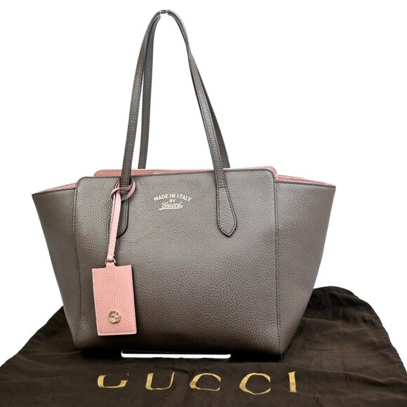 GUCCI Logo Swing Shoulder Tote Bag Leather Gray Pink Gold-plated Italy - Picture 1 of 15
